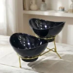 Melamine 2 Small Black Lotus Bowls With Golden Stand