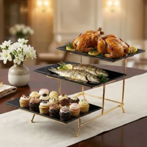 Melamine 3 Black Medium Platter With Golden Stand