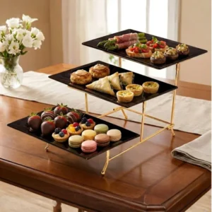 Melamine 3 Black Small Platter With Golden Stand