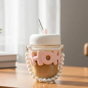 Reusable Glass Coffee Mug With Lid & Straw