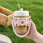 Reusable Glass Coffee Mug With Lid & Straw