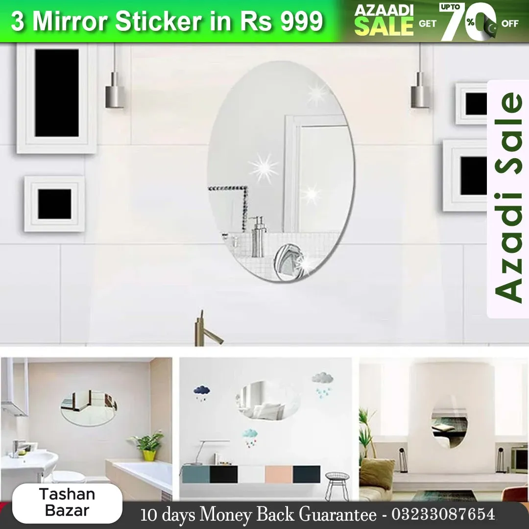 Azaadi Sale Offer 3 Pcs FlexibleSelf Adhesive Oval Shape Mirror Sticker (3 Pcs) - Image 3
