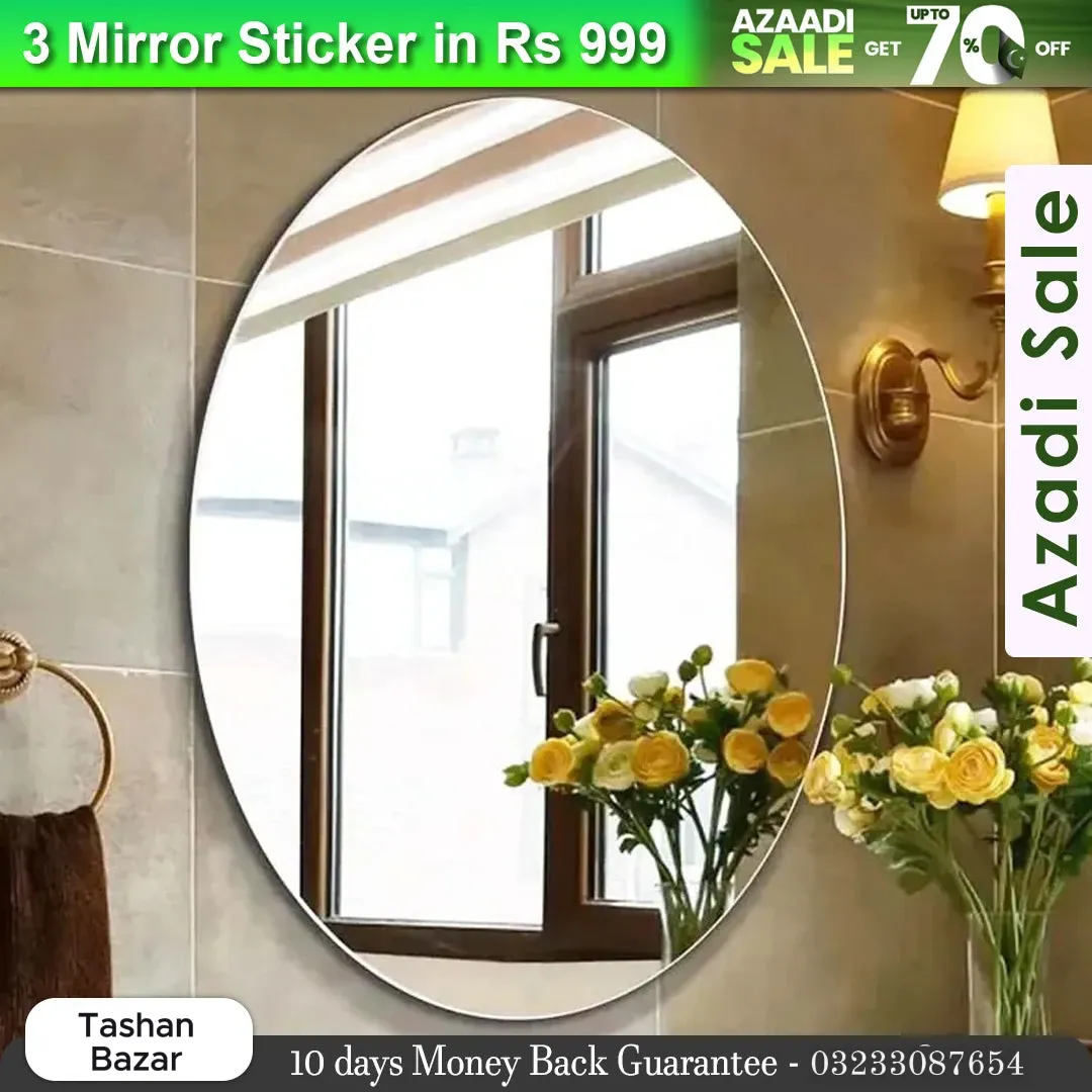 Azaadi Sale Offer 3 Pcs FlexibleSelf Adhesive Oval Shape Mirror Sticker (3 Pcs) - Image 14