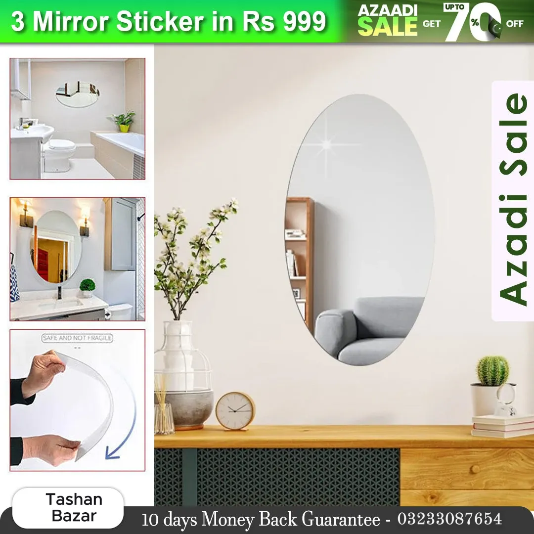 Azaadi Sale Offer 3 Pcs FlexibleSelf Adhesive Oval Shape Mirror Sticker (3 Pcs) - Image 6