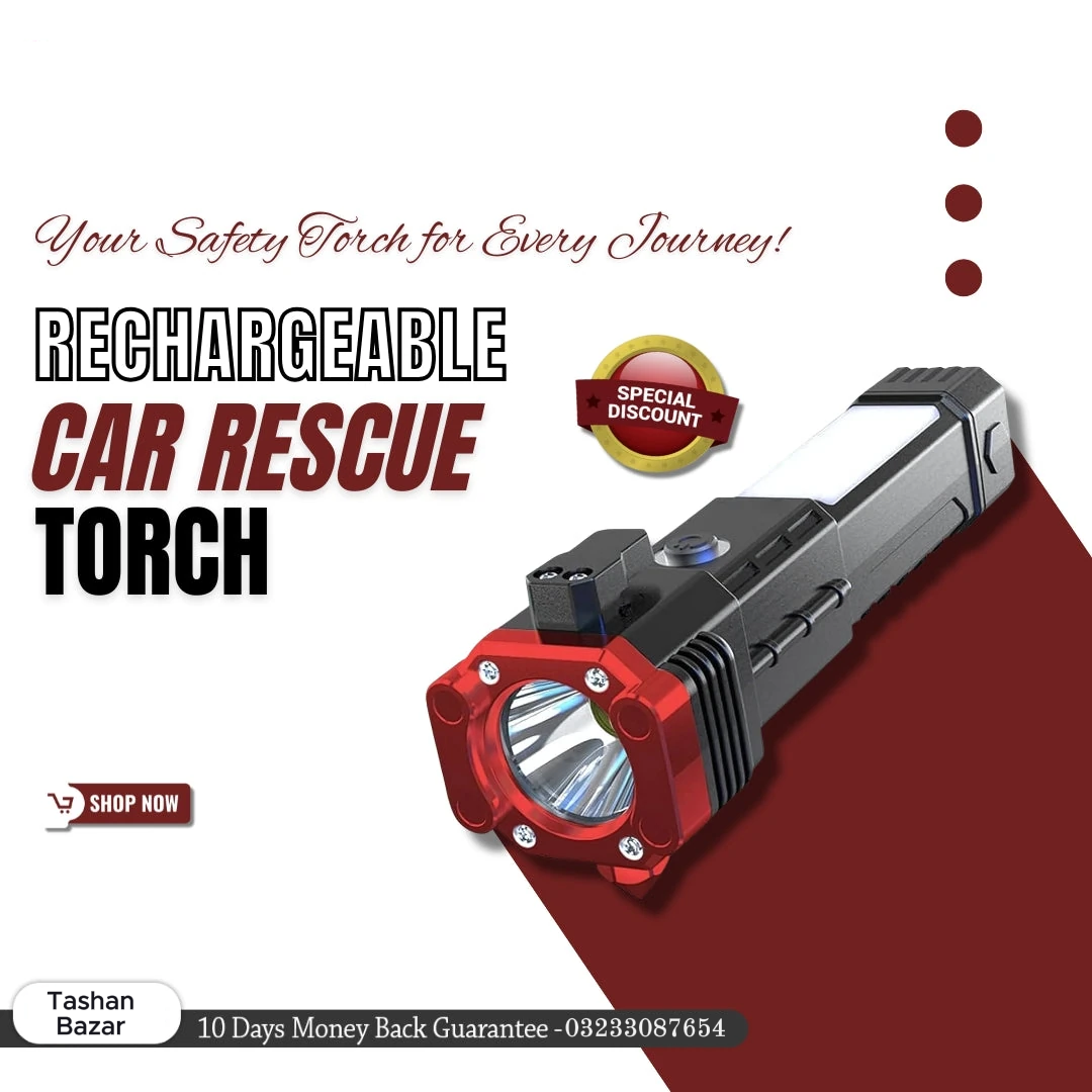 Rechargeable Long Distance Beam Range Car Rescue Torch with Hammer Window Glass and Seat Belt Cutter Built in Mobile USB Fast Charger Power Bank - Image 5