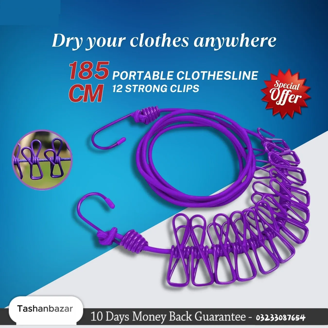 Portable Clothesline 185CM with 12pcs Clips for Home Backyard Hotel Balcony Clothes Drying Line, Outdoor Indoor Use - Image 2