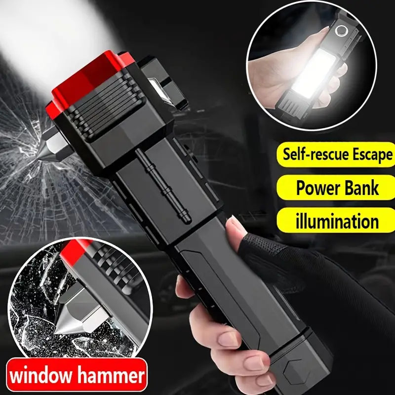 Rechargeable Long Distance Beam Range Car Rescue Torch with Hammer Window Glass and Seat Belt Cutter Built in Mobile USB Fast Charger Power Bank - Image 7