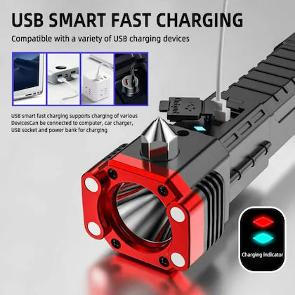 Rechargeable Long Distance Beam Range Car Rescue Torch with Hammer Window Glass and Seat Belt Cutter Built in Mobile USB Fast Charger Power Bank - Image 6