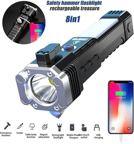 Rechargeable Long Distance Beam Range Car Rescue Torch with Hammer Window Glass and Seat Belt Cutter Built in Mobile USB Fast Charger Power Bank - Image 2
