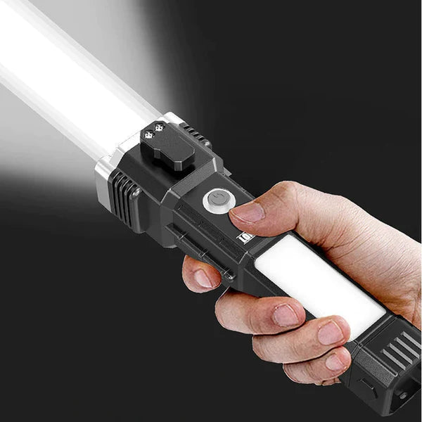 Rechargeable Long Distance Beam Range Car Rescue Torch with Hammer Window Glass and Seat Belt Cutter Built in Mobile USB Fast Charger Power Bank - Image 4