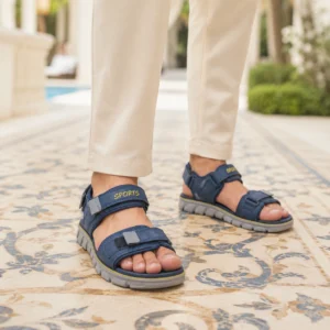 Men's Navy Blue Double Strap Sports Sandals with Yellow Trim - Adjustable Velcro