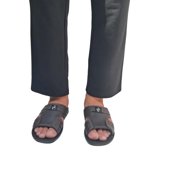 Men's Brown Slide Slippers with Silver Buckle — Padded Comfort