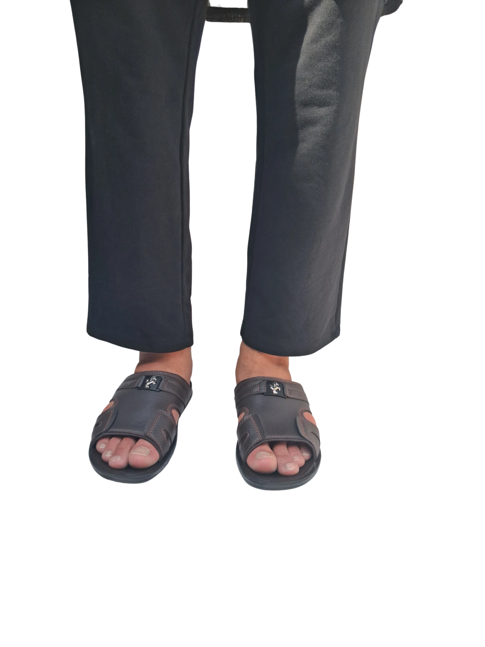 Men's Brown Slide Slippers with Silver Buckle — Padded Comfort