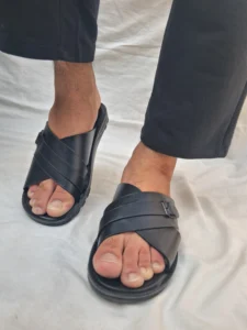Men's black Cross-Strap Slides with Buckle Detail