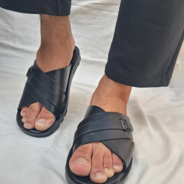 Men's black Cross-Strap Slides with Buckle Detail