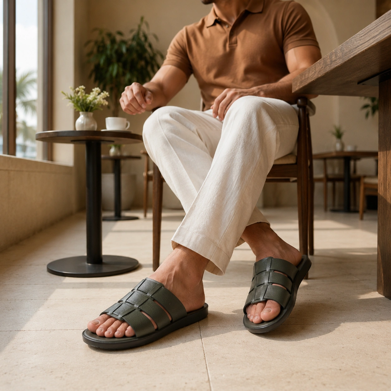 Men's Olive Green Woven Cage Slides - One-Piece Waterproof Build