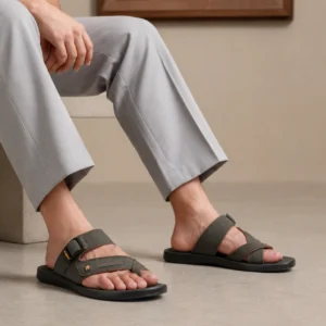 Men's Green Cross-Strap Sports Chappal with Adjustable Velcro — Red Trim