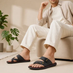 Men's Black Cross-Strap Sports Chappal with Adjustable Velcro — Red Trim