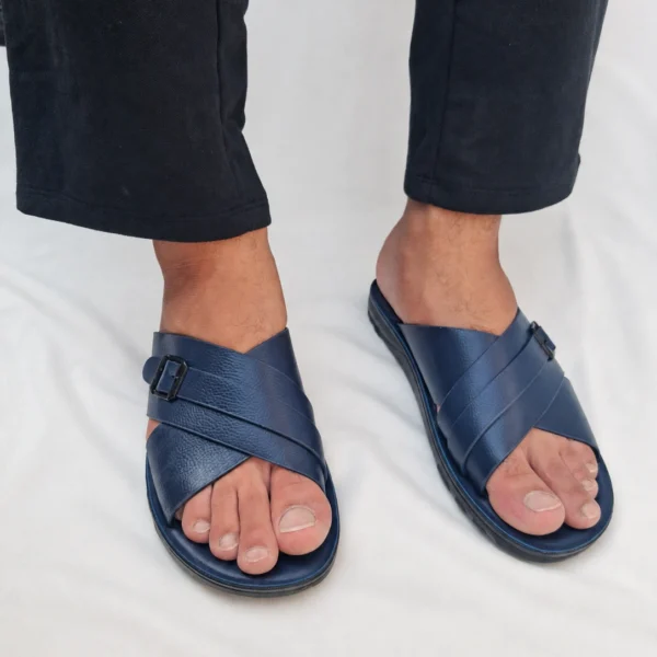 Men's Navy Blue Cross-Strap Slides with Buckle Detail