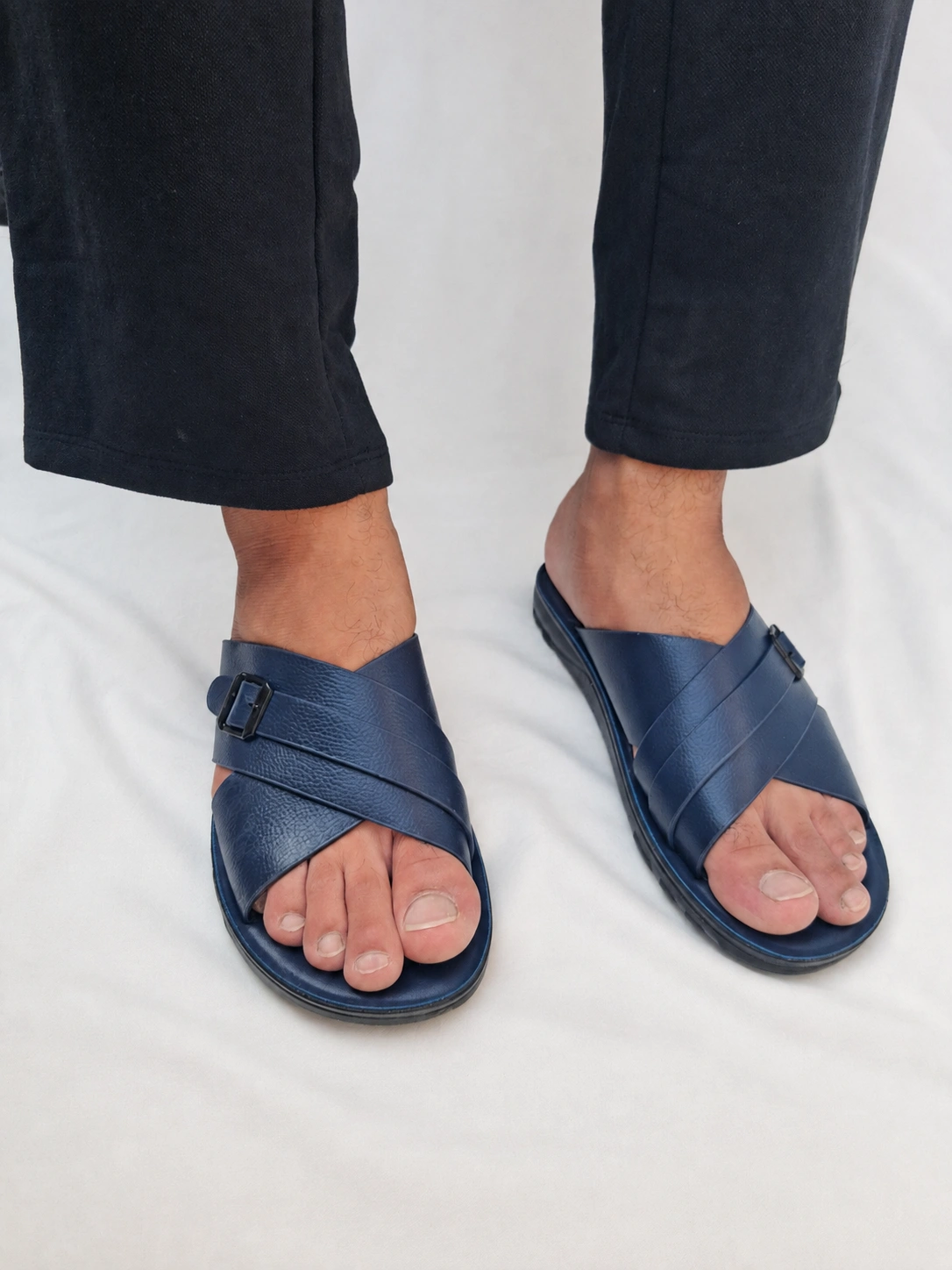 Men's Navy Blue Cross-Strap Slides with Buckle Detail
